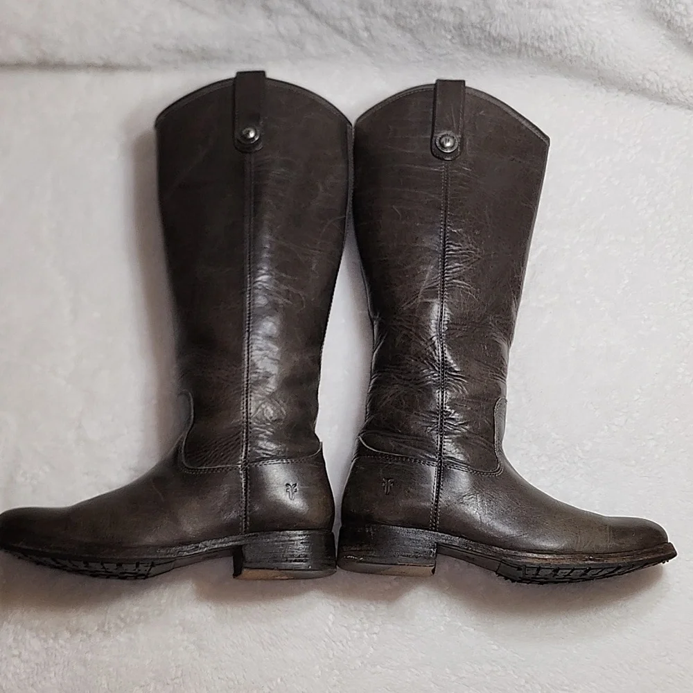 Frye Melissa Tall Western Riding Lug Boots Gray Leather Sz 6.5